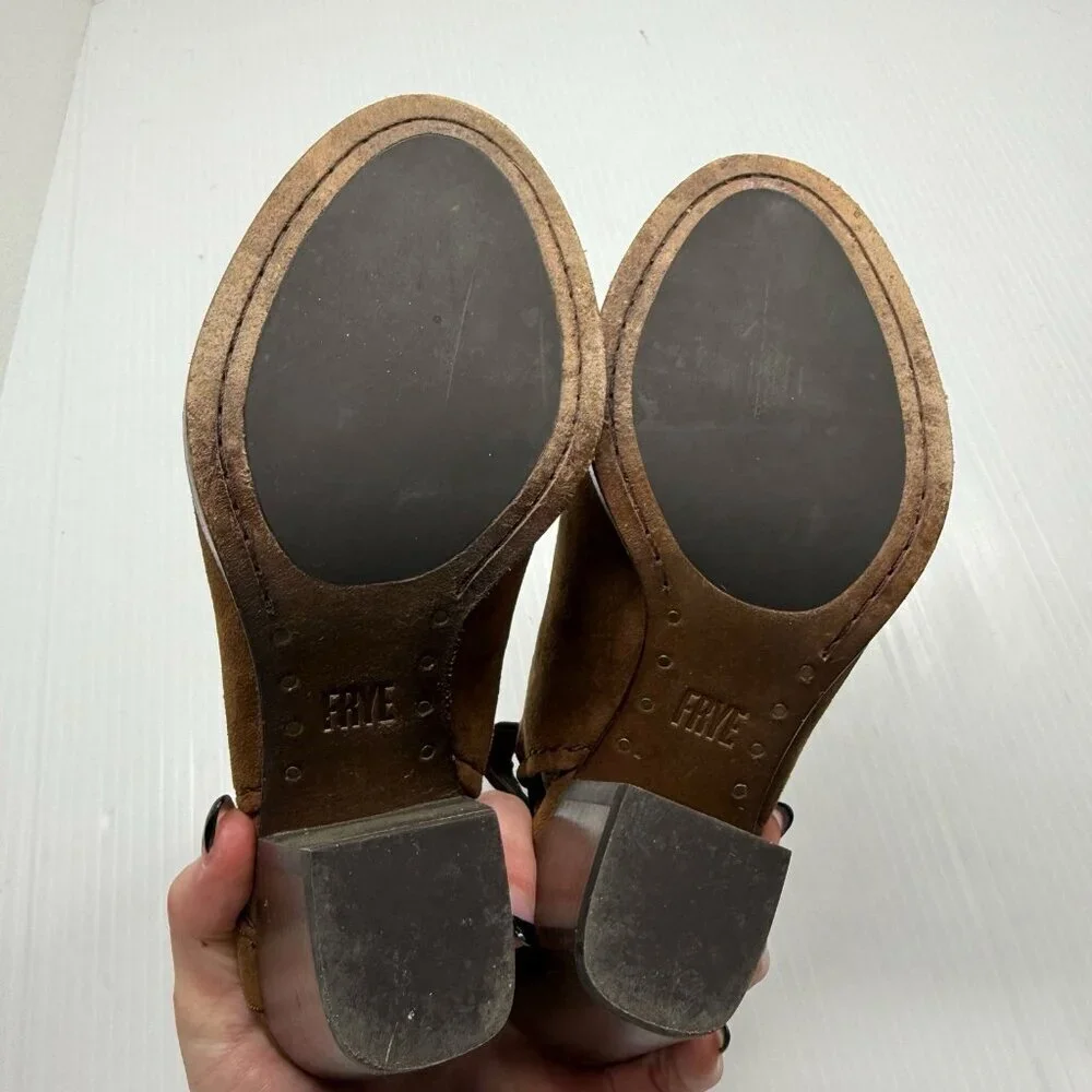 Frye Dani Shield Sling Wood Suede Open Toe Block Heel Booties 6M